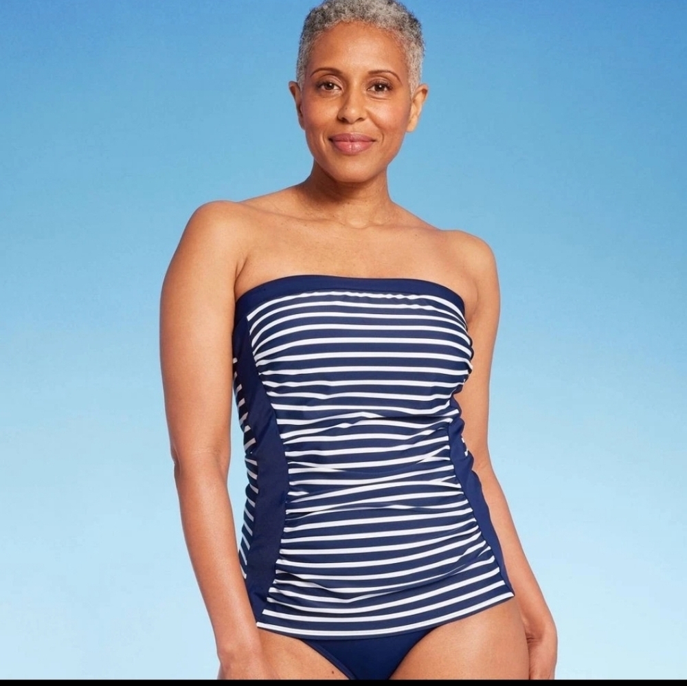 Lands' End Women's Bandeau Top Swimsuit Swimwear Navy Blue Striped Tankini
